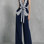 Women's Elegant Navy Blue Milk Silk Lace-paneled Wide-leg Pants Set