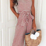 Margovil Sleeveless Knot Waist Wide Leg Striped Jumpsuit