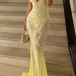 Deep V Neck Sequins Fishtail Hem Backless Gowns Slip Maxi Dresses-Yellow