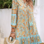 A-Line Loose Contrast Color Drawstring Flower Print Pleated Split-Joint V-Neck Mini Dresses