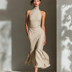 Women's Beige Cotton And Linen Blend Halter Turtleneck Midi Dress With Ruffled Hem