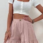 Women Summer Cotton Casual Plain Natural Ruffled Shorts