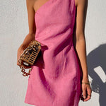 Margovil One Shoulder Solid Cotton Linen Mini Dress