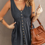 V Neck Button Down Sleeveless Waisted Dress