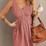 V Neck Button Down Sleeveless Waisted Dress