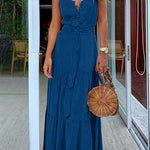 Margovil Buttons V Neck Sleeveless Tie Waist Maxi Swing Dress