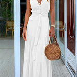 Margovil Buttons V Neck Sleeveless Tie Waist Maxi Swing Dress