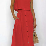 Margovil Sleeveless Crop Top and Button Down Skirt Cotton Linen Two Pieces