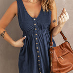 V Neck Button Down Sleeveless Waisted Dress