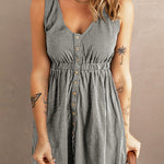 Margovil V Neck Button Down Sleeveless Waisted Dress