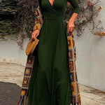Margovil Wrap V Neck Long Sleeve Waisted Swing Dress