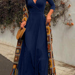 Margovil Wrap V Neck Long Sleeve Waisted Swing Dress