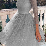 Margovil Stylish Crewneck Long Sleeve Mesh Splice Swing Dress