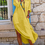 Margovil Buttons Side Split Cotton Linen Shirt Dress with Pockets