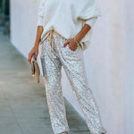 Margovil Tie Waist Sequin Joggers Pants with Pockets