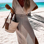 Margovil Wrap V Neck Tie Waist Side Split Cover Up Dress