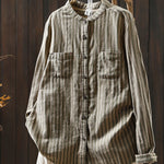 Women Spring Vintage Stripe Stand Collar 100%Cotton Shirt
