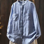Women Spring Vintage Stripe Stand Collar 100%Cotton Shirt