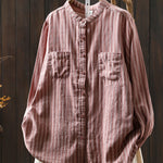 Women Spring Vintage Stripe Stand Collar 100%Cotton Shirt