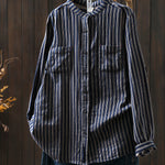 Women Spring Vintage Stripe Stand Collar 100%Cotton Shirt
