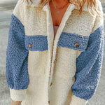 Autumn and winter long-sleeved double-pocket color-block loose fur coat