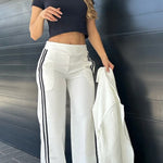Sporty Mixed Formal Striped Trim Lapel Blazer and Elastic Waist Pocket Loose Pants Set