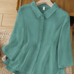 Women's  Solid Color Lapel 3/4 Sleeves Casual Linen Shirt