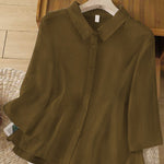 Women's  Solid Color Lapel 3/4 Sleeves Casual Linen Shirt