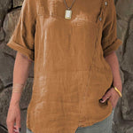Ladies Round Neck Solid Color Casual Cotton and Linen Short Sleeve Shirt