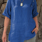 Ladies Round Neck Solid Color Casual Cotton and Linen Short Sleeve Shirt