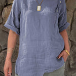 Ladies Round Neck Solid Color Casual Cotton and Linen Short Sleeve Shirt