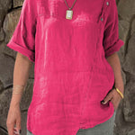 Ladies Round Neck Solid Color Casual Cotton and Linen Short Sleeve Shirt