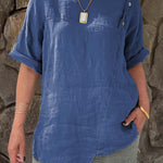 Ladies Round Neck Solid Color Casual Cotton and Linen Short Sleeve Shirt