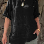 Ladies Round Neck Solid Color Casual Cotton and Linen Short Sleeve Shirt