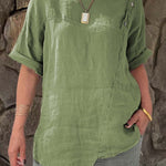Ladies Round Neck Solid Color Casual Cotton and Linen Short Sleeve Shirt