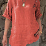 Ladies Round Neck Solid Color Casual Cotton and Linen Short Sleeve Shirt