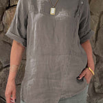 Ladies Round Neck Solid Color Casual Cotton and Linen Short Sleeve Shirt