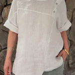 Ladies Round Neck Solid Color Casual Cotton and Linen Short Sleeve Shirt