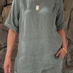 Ladies Round Neck Solid Color Casual Cotton and Linen Short Sleeve Shirt