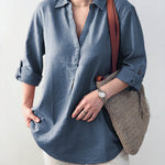 Ladies Solid Color Shirt Collar Three-quarter Sleeves Casual Cotton and Linen Shirt