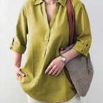 Ladies Solid Color Shirt Collar Three-quarter Sleeves Casual Cotton and Linen Shirt