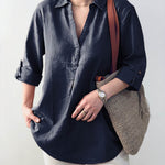 Ladies Solid Color Shirt Collar Three-quarter Sleeves Casual Cotton and Linen Shirt