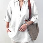 Ladies Solid Color Shirt Collar Three-quarter Sleeves Casual Cotton and Linen Shirt