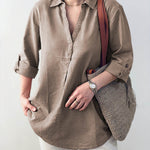 Ladies Solid Color Shirt Collar Three-quarter Sleeves Casual Cotton and Linen Shirt