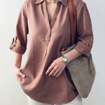 Ladies Solid Color Shirt Collar Three-quarter Sleeves Casual Cotton and Linen Shirt