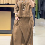 Ladies Solid Color Round Neck Casual Skirt Linen Two-piece Suit