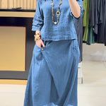 Ladies Solid Color Round Neck Casual Skirt Linen Two-piece Suit