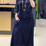 Ladies Solid Color Round Neck Casual Skirt Linen Two-piece Suit