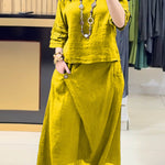 Ladies Solid Color Round Neck Casual Skirt Linen Two-piece Suit