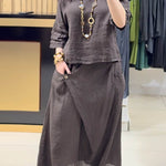 Ladies Solid Color Round Neck Casual Skirt Linen Two-piece Suit